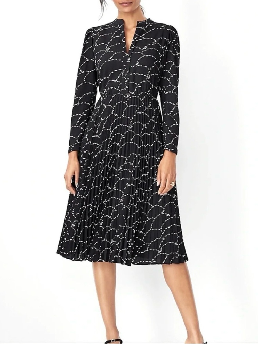 Ann Taylor Black Midi Dress with White Dot Wave Print